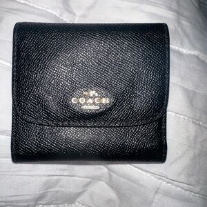 Coach Black Pebbled Leather Small Fold Wallet with Gold Logo